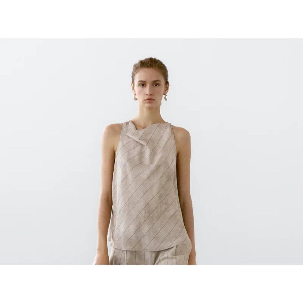 Massimo Dutti Womens Blouse Halter Top M Tan Striped Sleeveless 5744/850 NWT
